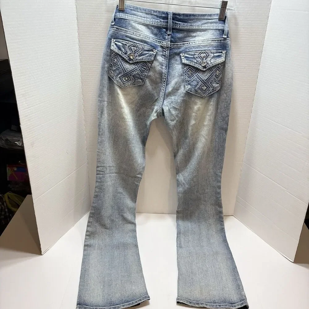 VINTAGE L.E.I Jeans Women’s 5 Ashley Low Rise Boot Flared Faded Y2K 30x32 Bling